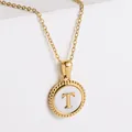 Gold-plated stainless steel necklace with white shell letter T round pendant - Letter T