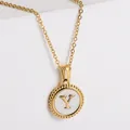 18k gold plated stainless steel necklace featuring a letter Y white shell round pendant - Letter Y
