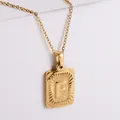18k gold plated rectangular pendant necklace with engraved letter F and sunburst texture - Letter F