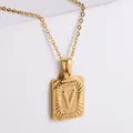 Rectangle 18k gold plated necklace with embossed V letter and sunburst texture - Letter V