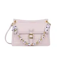 Pale pink quilted crossbody bag featuring a golden lock and polka dot scarf chain strap - White