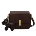 Dark brown faux leather square crossbody bag with gold lock and dog-shaped charm detail - Large / Coffee