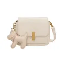 Creamy white minimalist crossbody square bag with cute puppy charm and gold lock - Large / Beige