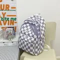 Zaino scolastico a scacchi viola e bianchi a grande capacità con etichetta moda - Viola