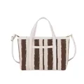 Borsa tote a righe verticali color caffè e crema in tela con tracolla regolabile - Bianco Sporco