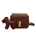 Brown faux leather square crossbody bag with gold buckle and dog charm detail - Small / Brown