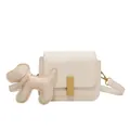 Creamy beige crossbody square bag with gold buckle and a cute dog-shaped charm - Small / Beige