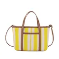 Grande borsa tote in tela a righe gialle e bianche con manici in pelle marrone - Marrone
