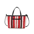 Borsa tote grande a righe rosse e bianche con dettagli in ecopelle nera opaca - Nero