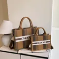 Set borse tote in tela a righe vintage con testo MYCARE e ampia capacità interna - S / Strisce Marroni
