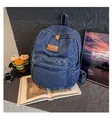 Deep blue denim casual backpack with brown leather patch and dual side pockets - Dark Blue
