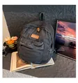 Dark grey denim canvas backpack with leather patch and zipper pocket in vintage style - Black