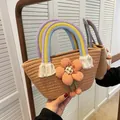Borsa a mano in paglia fatta a mano con manici arcobaleno e grande dettaglio floreale - Cachi