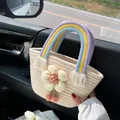 Borsa tote intrecciata a mano con manico arcobaleno e decorazione floreale bianco crema - Bianco Sporco