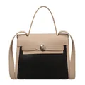 Elegante borsa Kelly bicolore in pelle beige e nera a grana litchi con fibbia argento - Nero