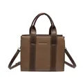 Brown lychee leather tote bag with AMAZI & FASHION text and adjustable shoulder strap - Khaki