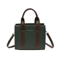 Dark green lychee texture tote bag with brown straps and white stitching detail - Green