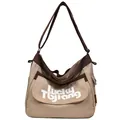 Grande borsa a tracolla in tela beige e marrone con scritta Lucky Tojiang e cinturino - Cachi