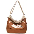 Borsa a tracolla in tela marrone e bianco sporco con scritta Lucky Tujiang e cinturino - Marrone