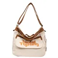 Borsa a tracolla in tela capiente beige e marrone con scritta artistica Lucky - Bianco Sporco