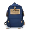 Navy blue large capacity backpack with camel faux leather accents for travel and school - Blue