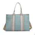 Bolso tote de lona azul con detalles en cuero gris y correa bordada étnica colorida - Azul / Grande
