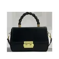 Minimalistische schwarze Lederhandtasche mit Kordelgriff und goldener Hardware - Schwarz