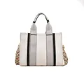 Sac cabas chic en toile beige avec lanières noires et bandoulière à motifs géométriques - White and Black / Petit