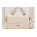 Creamy white shoulder bag with twisted handle and golden lock on a clean white background - White