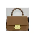 Brown crossbody handbag with a unique twisted handle and gold buckle detail - Brown
