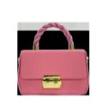 Pink rectangular leather handbag with braided spiral handle and golden metal clasp - Pink
