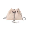 Borsa a secchiello in maglia a scacchi beige con coulisse di perle e catena - Bianco Sporco