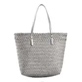 Bolso tote de paja minimalista en tejido gris y blanco con asas plateadas - Gris claro