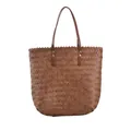 Minimalist dark brown woven bucket shoulder bag with sleek textured finish and slim straps - Brown