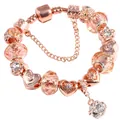 Rose gold DIY beaded bracelet with heart charms, crystal beads and safety chain - Size 17 / Rose Gold with White