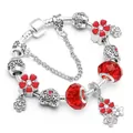 Silver plated snake chain bracelet with blue crystals and red enamel flowers - 16cm / Red