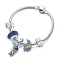 Silver snake chain charm bracelet featuring astronaut and blue galaxy starry moon pendants - Galaxy Moon Style (2 Clip Style)