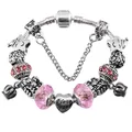 Silver charm bracelet with pink rhinestones, beads, and I Love You heart pendant - Pink / 17cm