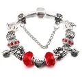 Silver snake chain charm bracelet with red crystal beads and I Love You heart pendant - Red / 17cm