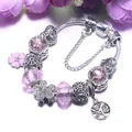 Pulsera de dijes de flores y árbol con cuentas de vidrio rosa y cadena de serpiente S925 - 17cm / Rosa