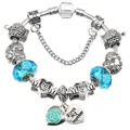 Silver snake chain bracelet with blue glass beads, MOM charms and heart rose pendant - 16cm / Blue