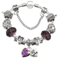 Silver snake chain bracelet with purple crystal beads and heart-shaped MOM charms - 16cm / Purple