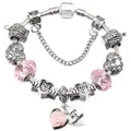 Silver snake chain bracelet with pink crystal beads and heart-shaped Mom charm pendants - 16cm / Pink