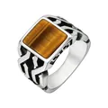 Men's vintage silver steel ring featuring a square tiger eye stone and Greek fret patterns - US 7 / Tiger's Eye