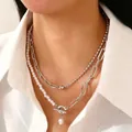 Double-layered necklace with imitation pearls, metallic beads, and T-bar toggle clasp - Layered Pearl Silver Metal Style
