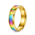 Polished golden stainless steel ring with colorful rainbow enamel stripe for pride - US 7 / Gold