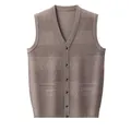 Men's brown V-neck knit vest with argyle texture and classic button-up closure - M / Camel