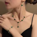 Vintage French forest style green rose jewelry set necklace bracelet on model - Necklace Bracelet And Earrings Set (E2116-3) / Gold/Green
