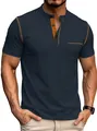 Men's slim fit navy blue Henley shirt with orange contrast stitching and chest pocket - S / Navy Blue