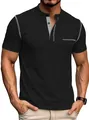 Short sleeve black Henley shirt for men with white contrast stitching and chest pocket - Dark Grey